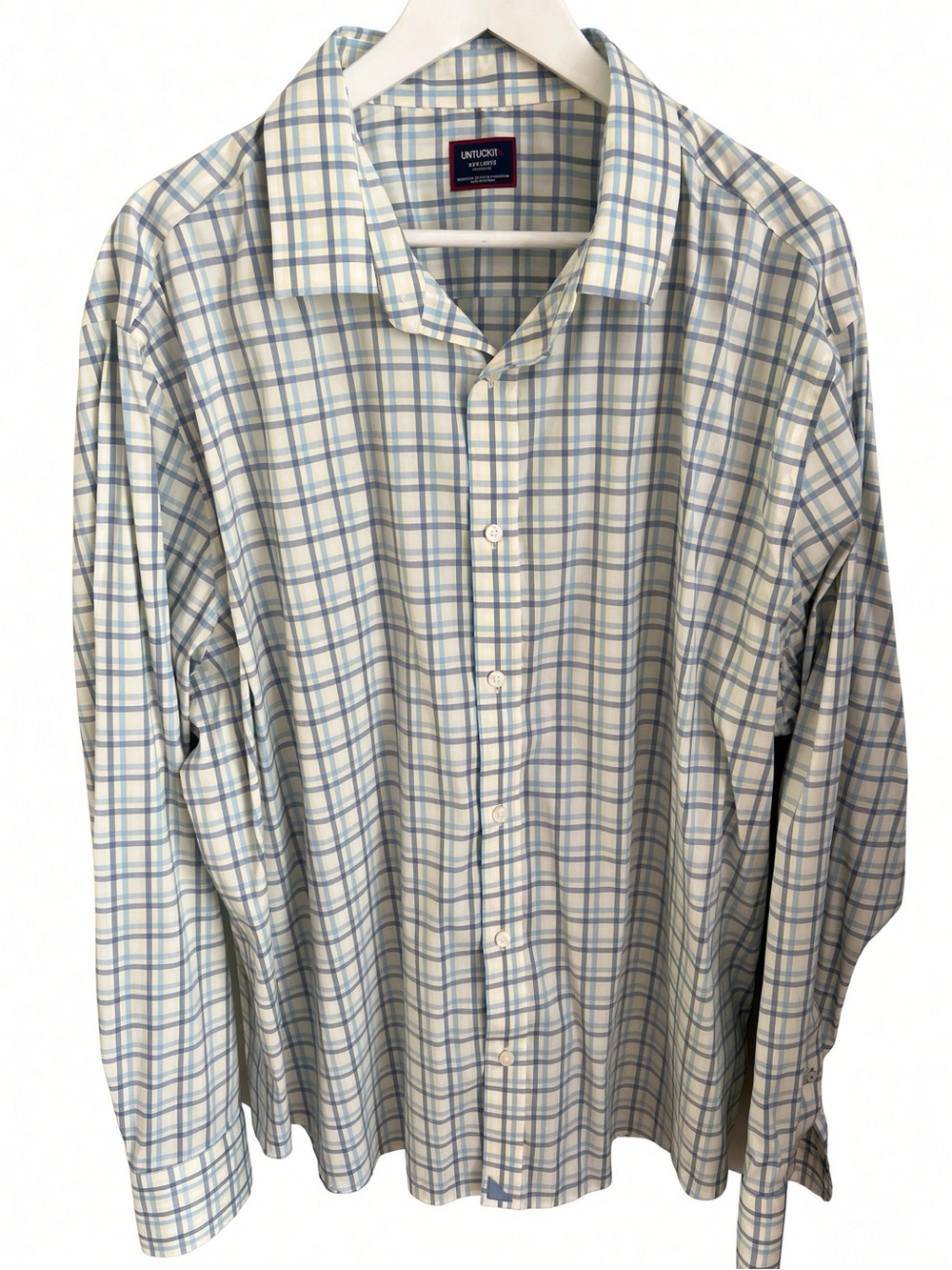 UNTUCKit Men's Light Blue and Cream Plaid Button-Down Shirt XXXL Like New